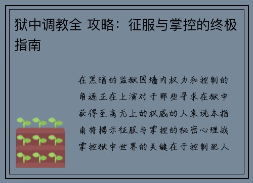 狱中调教全 攻略：征服与掌控的终极指南