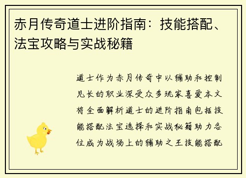 赤月传奇道士进阶指南：技能搭配、法宝攻略与实战秘籍