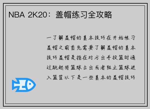 NBA 2K20：盖帽练习全攻略