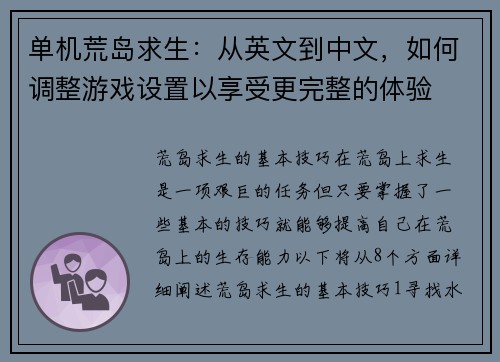 单机荒岛求生：从英文到中文，如何调整游戏设置以享受更完整的体验